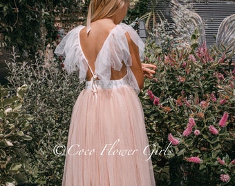 Belle robe Boho Papillon Inspiré High Low Flower Girl Robe - Robe d’occasion de mariage nuptiale - Champagne abricot