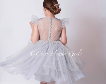 Silver Couture Princess Flower Girl Dress - Vintage Sheer Back - Swan Ballerina Junior Bridal Luxe