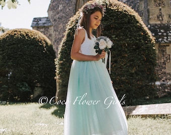 Sleeveless Classic Bohemian Style Long Length Lace Flower Girl Bridesmaid Dress - Mint Green