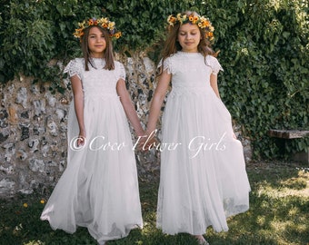 Darling Angel White or Ivory Cream Vintage Style Bohemian Flower Girl Junior Bridesmaid Dress - Pretty Vintage Lace