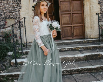 Sage Green Bohemian Lace Flower Girl Dress - 3/4 Sleeve Rustic Wedding Bridesmaid Gown