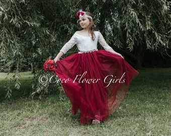 Three Quarter Sleeve Classic Bohemian Style Long Length Lace Flower Girl Bridesmaid Dress - Burgundy Red Wine / Sash / Head Piece