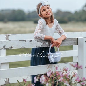 Long Sleeve Lace Long Length Navy Blue Tulle Flower Girl Dress - With Diamante Sash - Hippie Bohemian Rustic Style Wedding