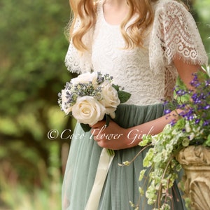 Long Length Sage Green Tulle Lace Flutter Cap Sleeves Bohemian Flower Girl Bridesmaid Dress - Optional Sash