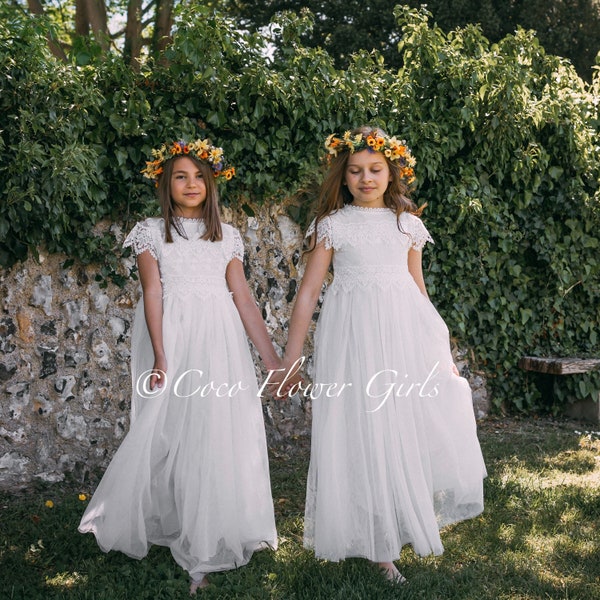 Darling Angel Blanc ou Ivoire Crème vintage Style Boho Flower Girl Junior Bridesmaid Dress - Jolie dentelle vintage