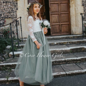 Three Quarter Sleeve Classic Bohemian Style Long Length Lace Flower Girl Bridesmaid Dress - Sage Green Rustic Boho Wonderland Wedding