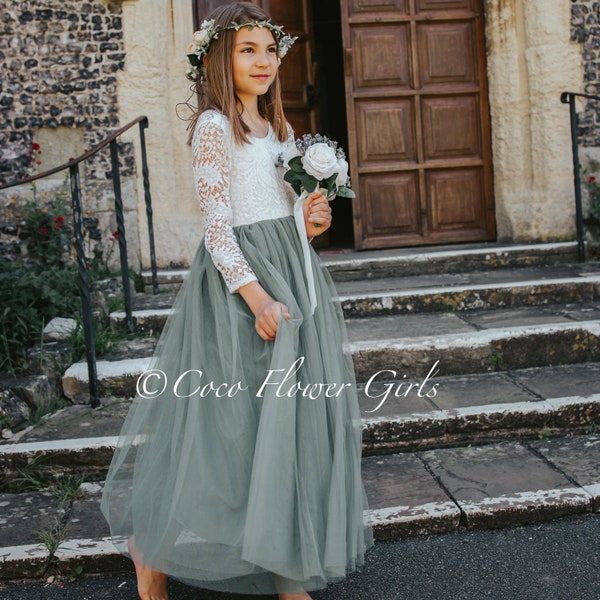 Robe de demoiselle d'honneur de demoiselle d'honneur en dentelle de style bohème classique à manches trois-quarts - Vert sauge Rustique Boho Wonderland Wedding