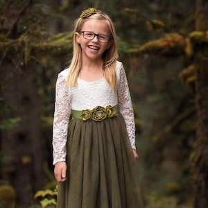 Classic Bohemian Style Long Length Lace Sleeve Flower Girl Toddler Junior Bridesmaid Dress Olive Green Rustic Boho Wonderland Wedding image 4
