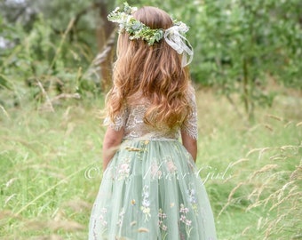 Charming Sage Green Tulle Floral Embroidered Flower Girl Dress with Lace for Rustic Wedding