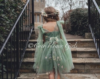 Embroidered Sage Flower Girl Dress - Fairytale Fern Green Couture for Baby Girls