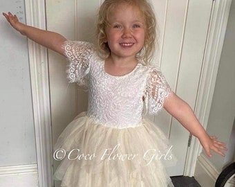 Boho Dress Rustic Bride Ivory Flower Girl Dress Christening Dress Baby Dress Bridal Wedding - Long Ruffles and Flutter Sleeve