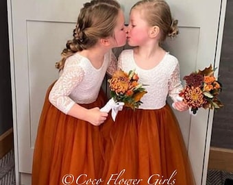 Three Quarter Sleeve Classic Bohemian Style Long Length Lace Flower Girl Bridesmaid Dress - Burnt Orange Rustic Autumnal Bohemian Wedding