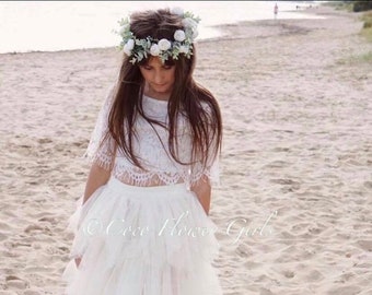Beautiful Lace Ivory Crop Top and Long Layered Ruffles 'Ophelia' Tulle Skirt Flower Girl Dress Boho Rustic Bridal Beach Wedding