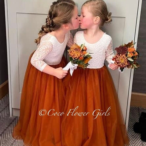 Three Quarter Sleeve Classic Bohemian Style Long Length Lace Flower Girl Bridesmaid Dress - Burnt Orange Rustic Autumnal Bohemian Wedding