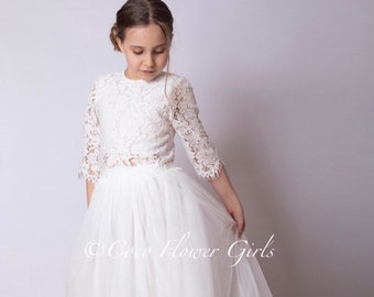 Conjunto de top corto de encaje blanco y falda de tul - Boho Flower Girl
