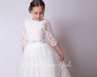 Flower Girl Beautiful Lace Crop Top and Long Layered Princess Tulle Skirt Separates Bohemian Flower Girl Style - White