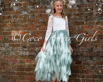 Long Ruffles Lace Bohemian Rustic Wedding Flower Girl Bridesmaid Dress - Woodland Rustic Sage Green - Optional Sash
