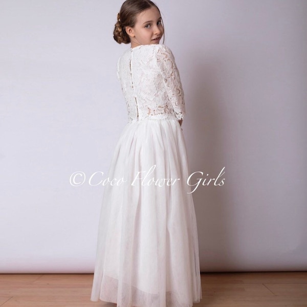 Belle fille de fleur Boho rustique dentelle Crop Top et longue jupe princesse en tulle en couches sépare la robe Boho Flower Girls - Blanc