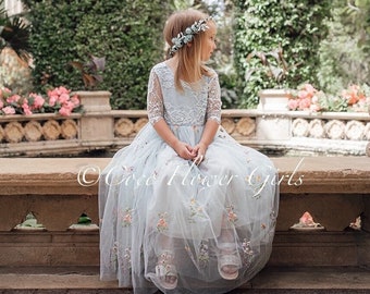 Boho Bridal Baby Blue Embroidered Beautiful Long Length Lace Sleeve Bohemian Hippy Beach Rustic Style Flower Girl Dress Junior Bridesmaid