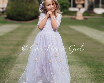 Boho Bridal Lilac Purple Embroidered Beautiful Long Length Lace 3/4 Sleeves Bohemian Hippy Beach Rustic Wedding Style Flower Girl Dress