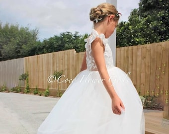 Elegant Bohemian Lace Flower Girl Dress: Cap Sleeve, Embroidered Bodice, Long White Gown for Occasions