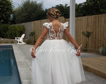Elegant Bohemian Lace Flower Girl Dress: Cap Sleeve, Embroidered Bodice, Long White Gown for Occasions