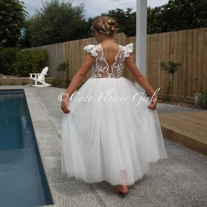 Elegant Bohemian Lace Flower Girl Dress: Cap Sleeve, Embroidered Bodice, Long White Gown for Occasions