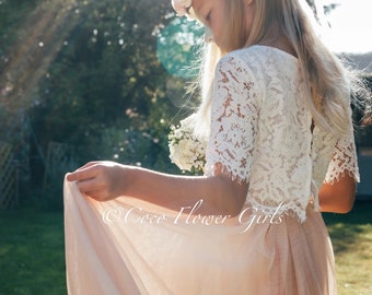 Blumenmädchen Kleid Set Schöne Spitze Crop Top und Langen Layered Prinzessin Tüll Rock - Boho Rustikale Hochzeit Apricot Champagner