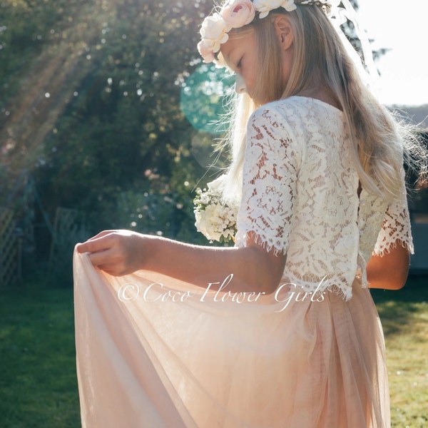 Flower Girl Dress Set Beautiful Lace Crop Top and Long Layered Princess Tulle Skirt - Boho Rustic Wedding Apricot Champagne