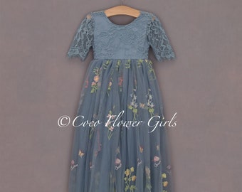 Pretty Embroidered Flower Floral Dusty Blue Tulle White Lace Bohemian Flower Girl Dress Junior Bridesmaid Dress Wedding Dress