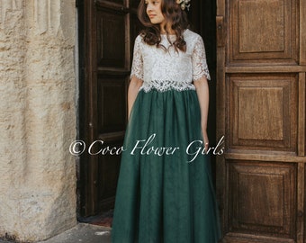 Belle mariée fleur fille robe ensemble dentelle Crop Top et longue couche princesse Tulle jupe ensemble - chasseur vert rustique Boho