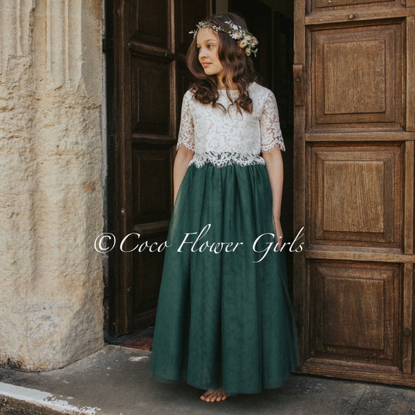 Beautiful Bridal Flower Girl Dress Set Lace Crop Top and Long Layered Princess Tulle Skirt Set - Hunter Green Rustic Boho