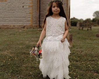 Beautiful Lace White Crop Top and Long Layered Ruffles 'Ophelia' Tulle Skirt Flower Girl Dress Boho Rustic Bridal Beach Wedding