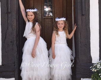 Beautiful Lace White Crop Top and Long Layered Ruffles 'Ophelia' Tulle Skirt Flower Girl Dress Set Boho Rustic Communion Beach Wedding