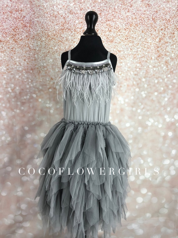 SALE Couture Silver Grey Flower Girl Feather and Ruffles SALE Couture Silver Grey Flower Girl Feather and Ruffles
