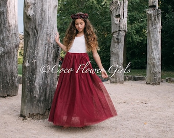 Ärmellose klassische Boho Stil lange Länge Spitze Blume Mädchen Brautjungfer Kleid - Burgund Wein