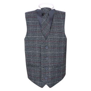Boys Quality Grey Red Check Tweed Look Waistcoat Tie Set - Page Boys Ring Bearer Mini Best Man