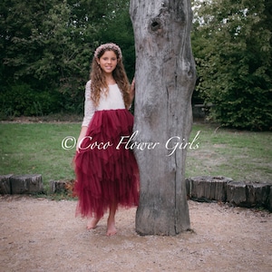 Boho Flower Girl Dress Toddler Baby Dress Princess Dress Burgundy Dress - Long Ruffles Lace Bridal Dress