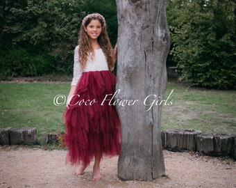 Boho Flower Girl Dress Toddler Baby Dress Princess Dress Burgundy Dress - Long Ruffles Lace Bridal Dress