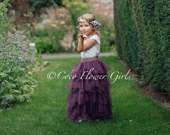 Beautiful Purple Boho 2 Piece Tulle Ruffle Skirt Lace Top Set - Rustic Beach Bohemian Wedding Flower Girls Dress Bridal Junior Bridesmaid