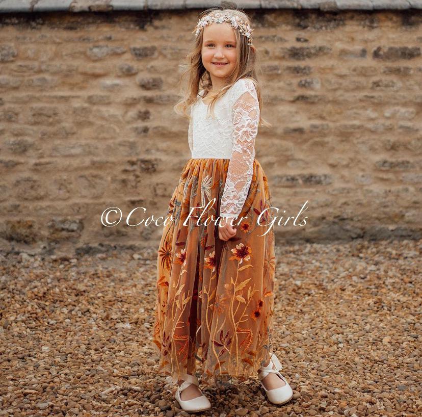 Rustic Burnt Orange Embroidered Flower Girl Dress With Chantilly