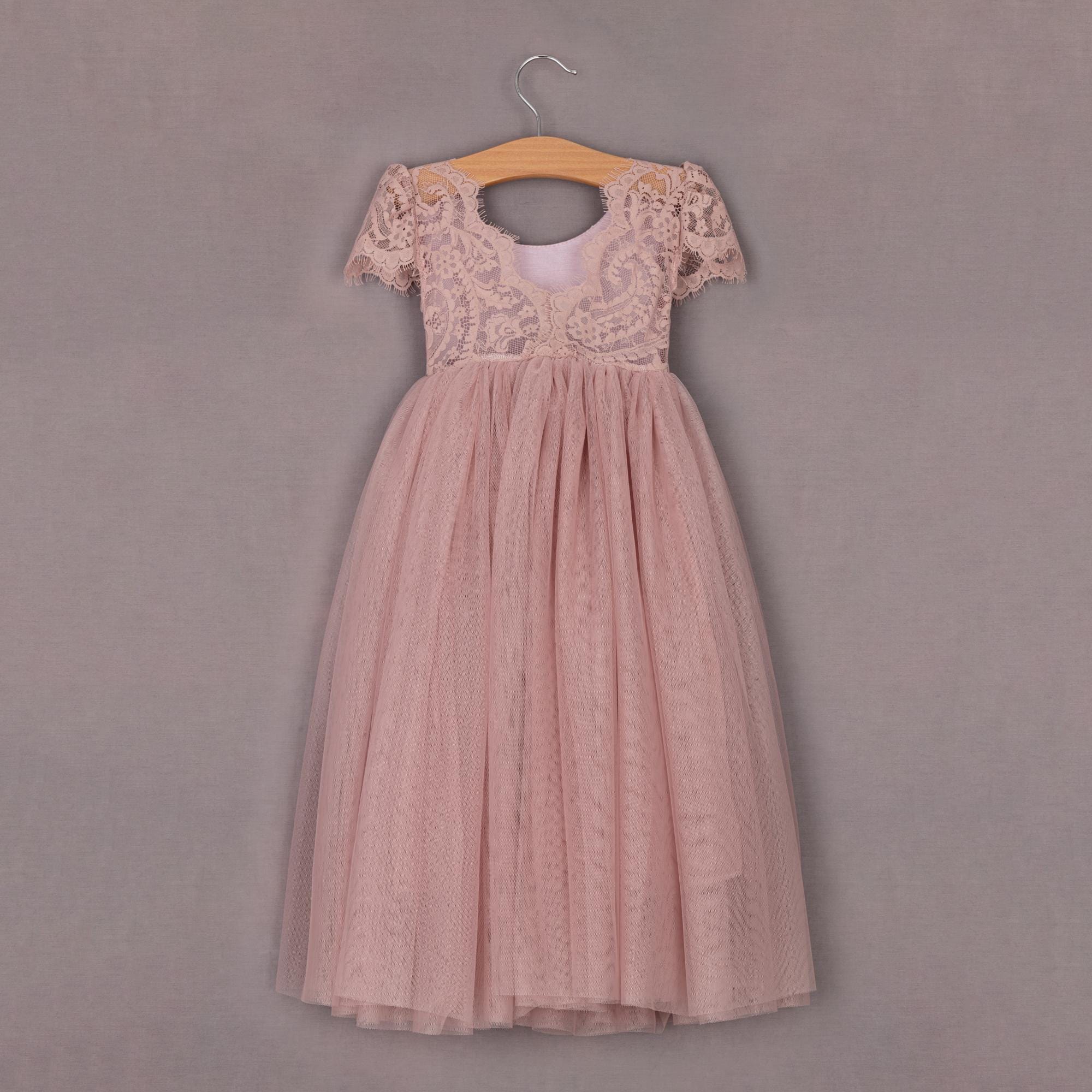 Beautiful Long Length Dusty Rose Pink Full Colour Lace Flutter Sleeves Bohemian Hippy Beach Rustic Style Flower Girl Dress Beautiful Long Length Dusty Rose Pink Full Colour Lace Flutter Sleeves Bohemian Hippy Beach Rustic Style Flower Girl Dress