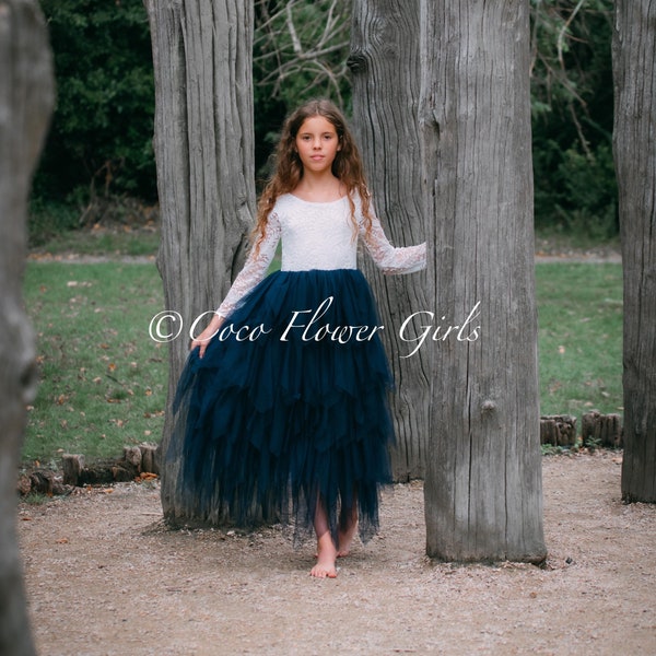 Pretty Long Ruffles Bohemian Flower Girl Dress - Dark Navy Blue with optional Sash