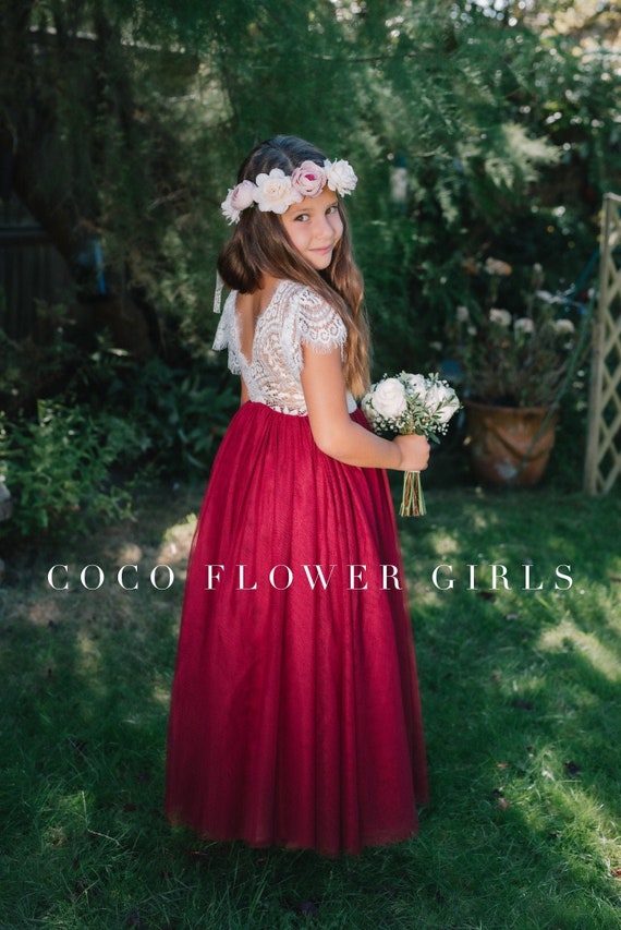 Beautiful Long Length Burgundy Red Tulle White Lace Flutter Sleeves  Bohemian Vintage Wedding Flower Girl Dress Optional Sash 