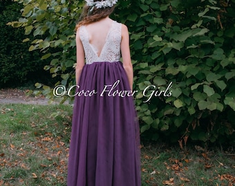 Vestido bohemio clásico sin mangas Vestido largo de encaje de niña de las flores Vestido de dama de honor - Púrpura ciruela