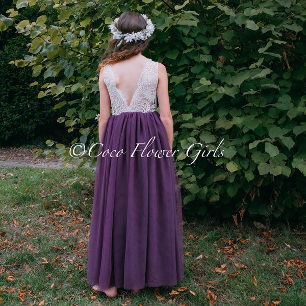 Sleeveless Classic Boho Dress Long Length Lace Flower Girl Dress Bridesmaid Dress - Purple Plum