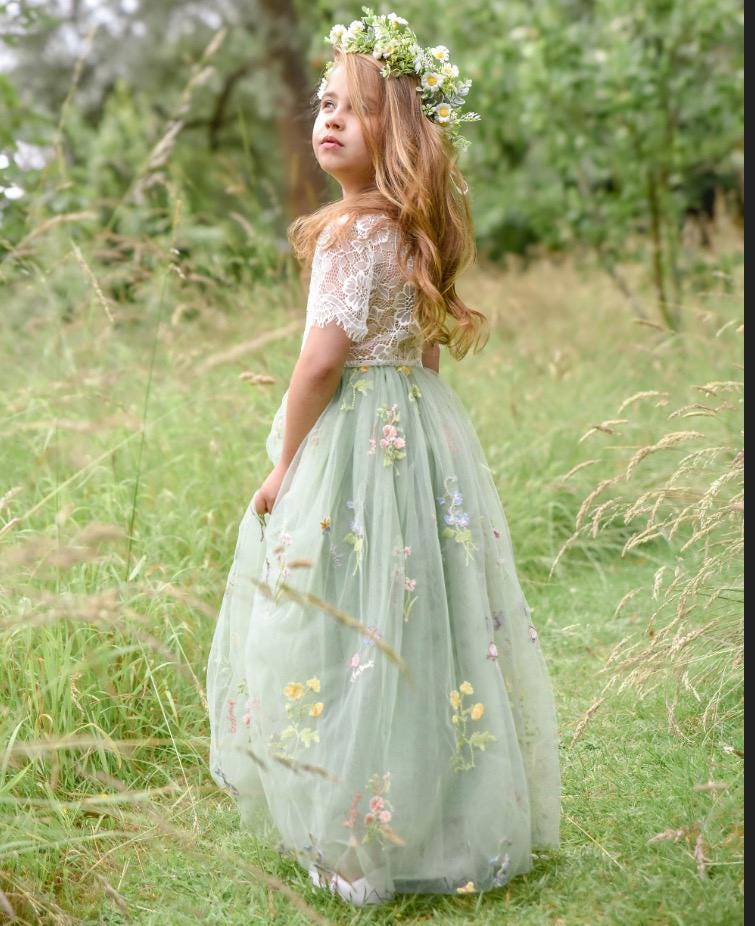 green emerald velvet dress The Fern Sage Green Girls Lace Dress – Nicolette's Couture main image 0