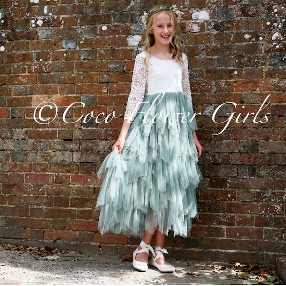 Long Ruffles Lace Bohemian Rustic Wedding Flower Girl Bridesmaid Dress -  Woodland Rustic Sage Green - Optional Sash - Etsy