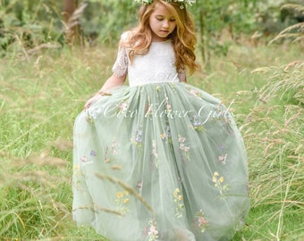 Embroidered Floral Sage Green Tulle Bohemian Junior Bridesmaid Dress