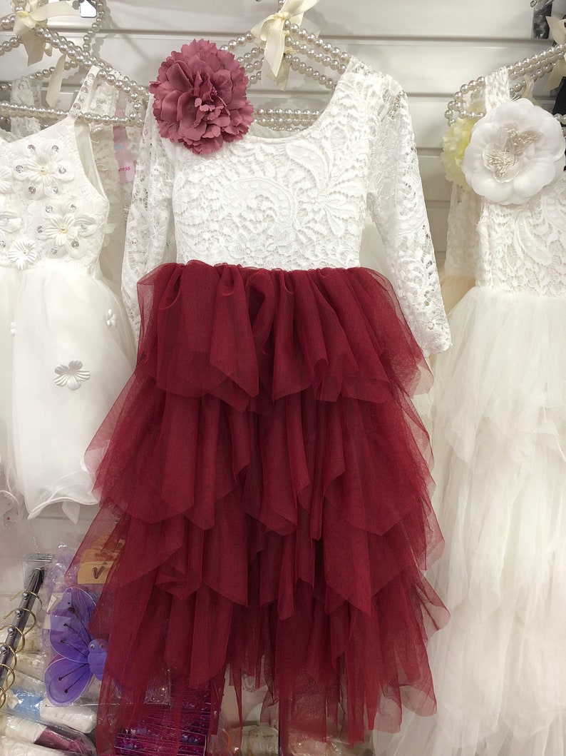 Long Ruffles Bohemian Flower Girl Dress with Flower Corsage Belt Wine Red